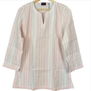UNTUCKit Durfort Top White Coral NWT Striped Blouse Cotton Preppy Shirt Size 6